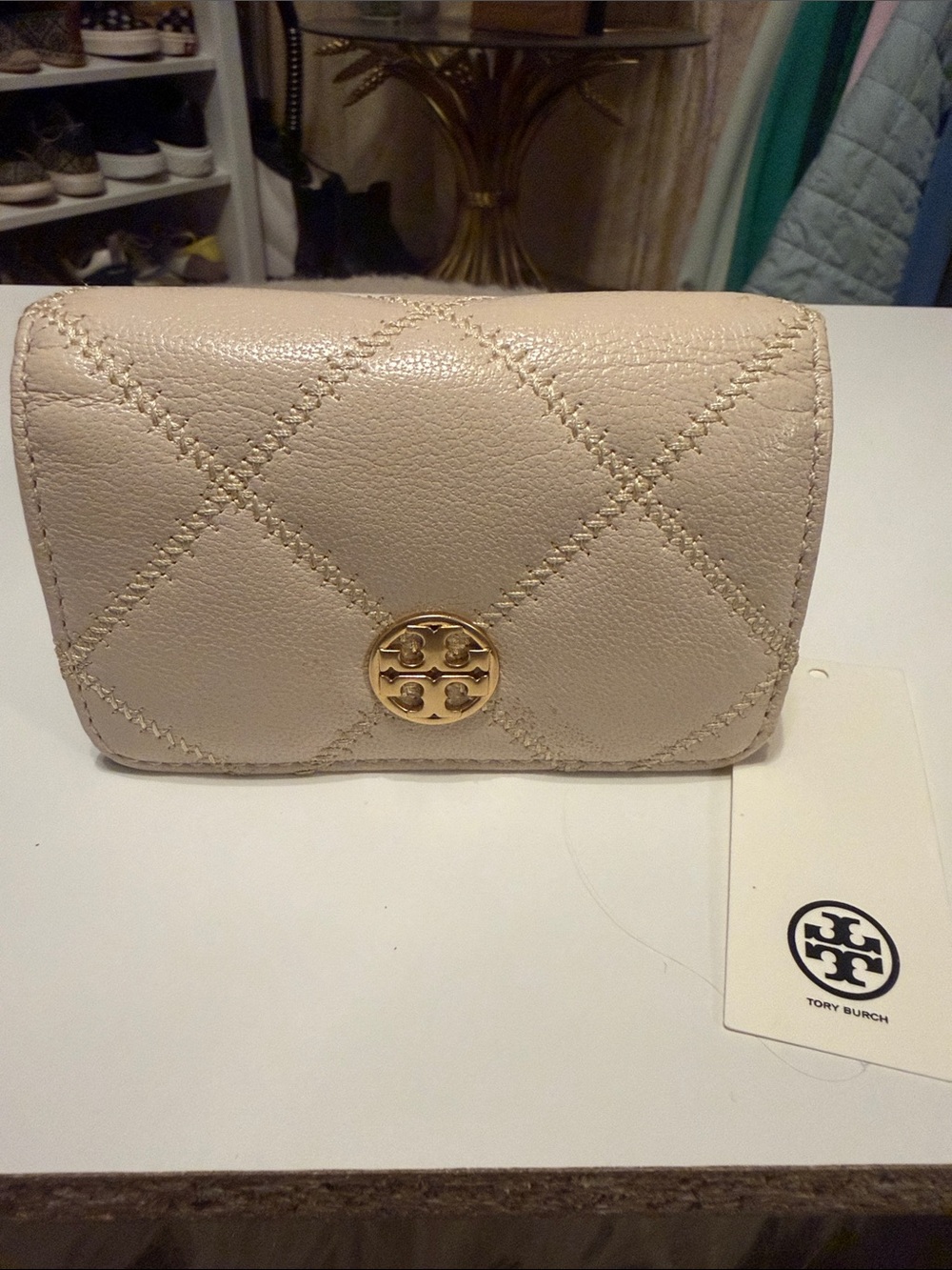 Tory Burch Willa Quilted Cream Leather Card Case with Gold Logo